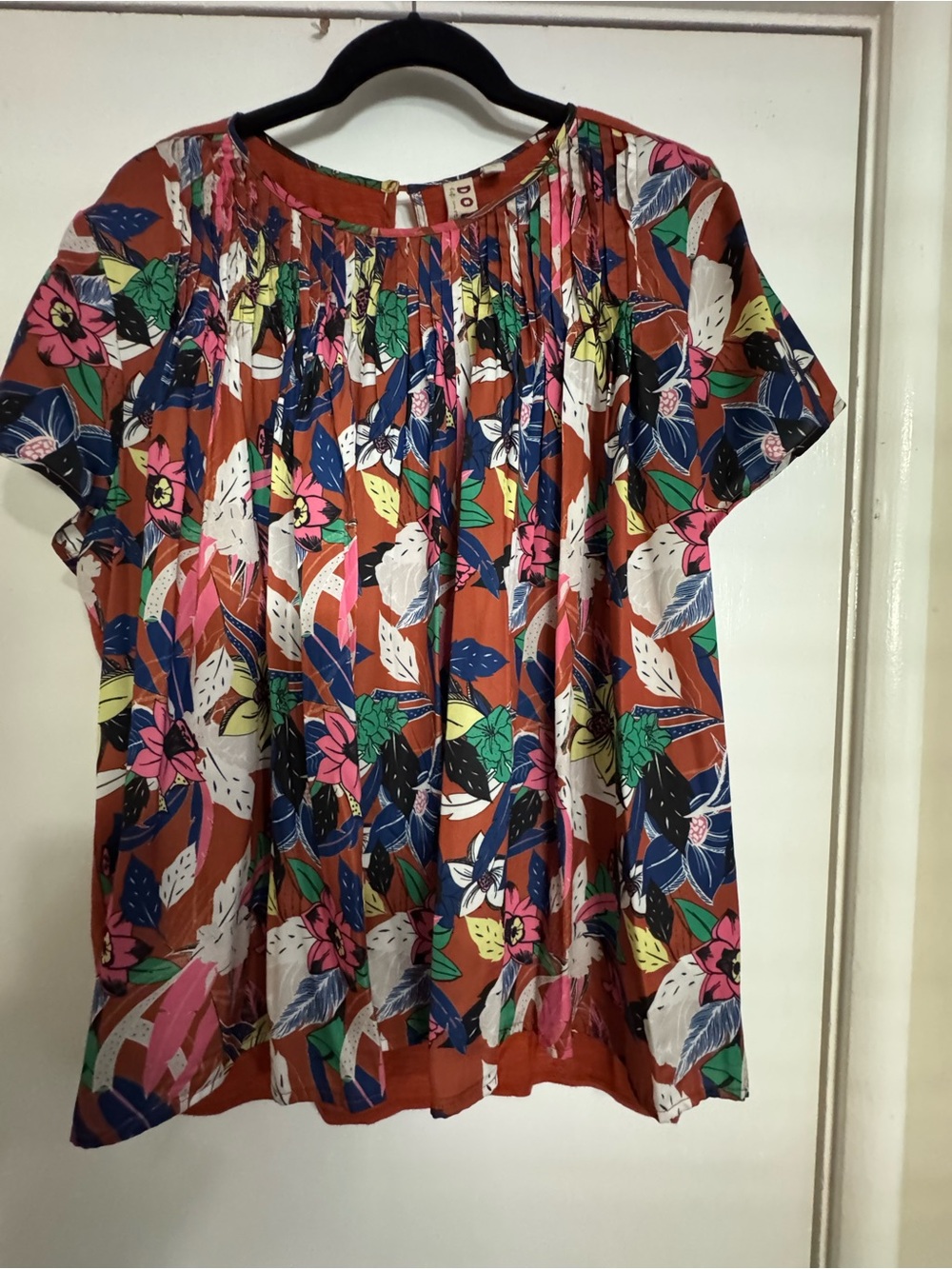 dolan Rust Floral Short-Sleeve Blouse with Multicolor Print